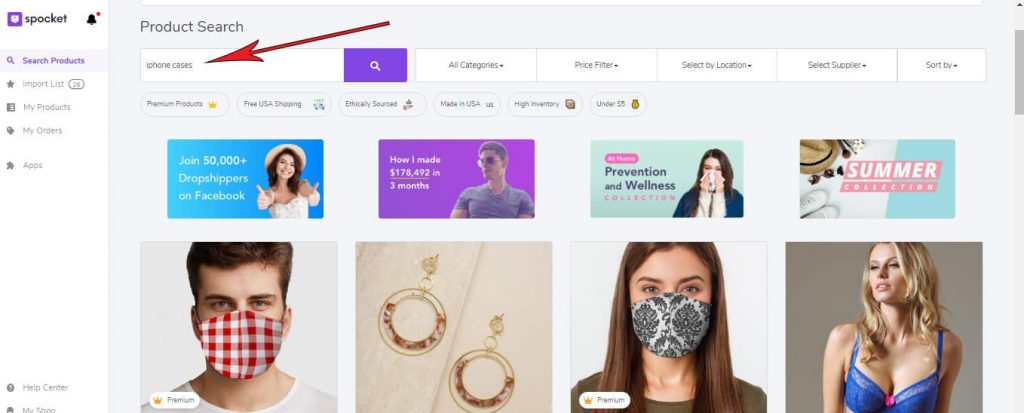searching products on spocket