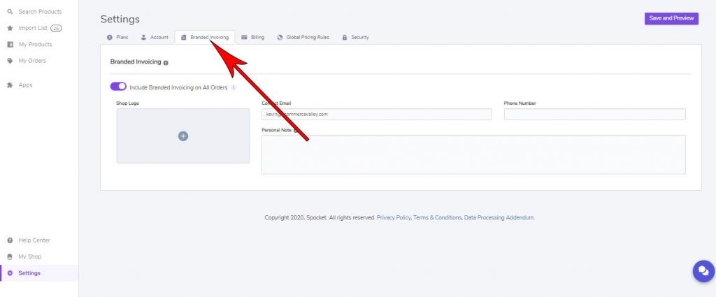 spocket branded invoicing tab