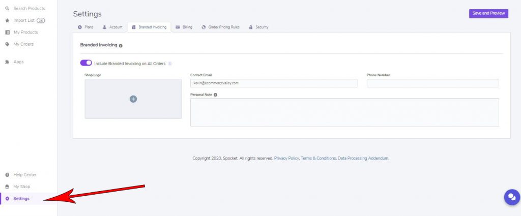 spocket settings tab