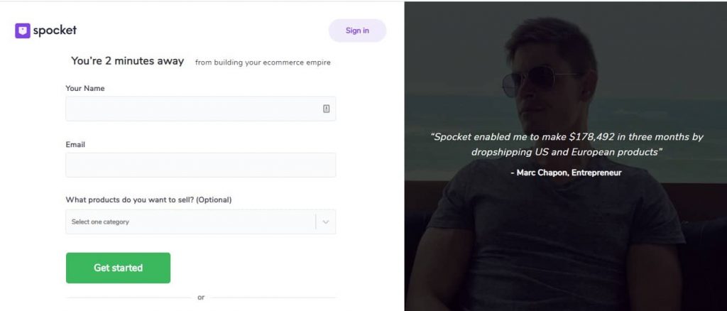 spocket sign up page